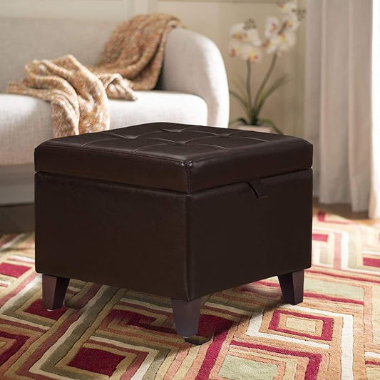 Adeco 18-inch Square Storage Ottoman, Modern Faux Leather Tufted Footrest Stool with Flip Top, Upholstered Accent Bench for Living Room & Bedroom, Chocolate Brown