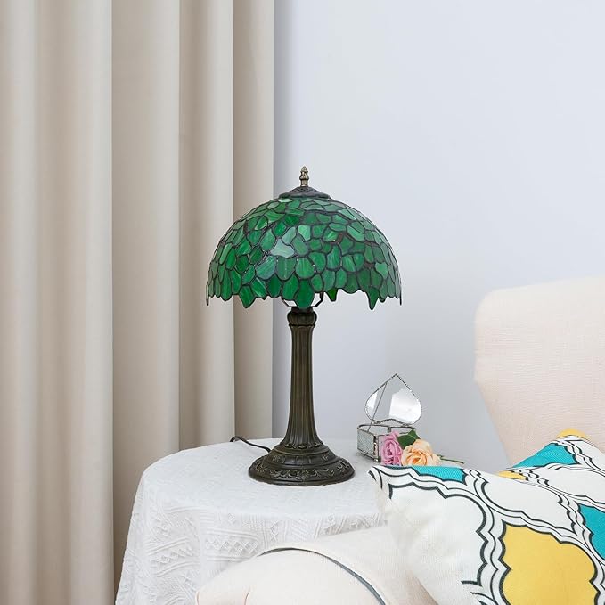 Tiffany Lamp Stained Glass Table Lamp 12X12X18 Inches Green Leaf Style Desk Reading Light Decor Beside Bedroom Living Room Home Festival Birthday Gift