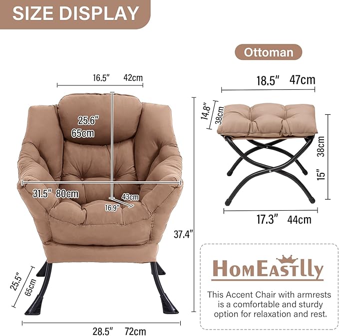 Lazy Chair with Ottoman, Large Khaki Accent Chair with Ottoman, Comfy Reading Armchair, Leisure Sofa Chair for Living Room, Bedroom, Dorm Room, Office