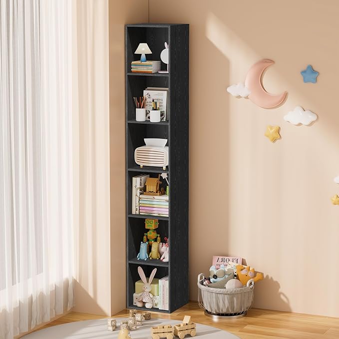 6 Tier Bookshelf, Open Tall Narrow Floor Standing Bookcase, Storage Organizer Bookshelves Freestanding Book Shelf for Living Room, Bedroom, Home Office (Black, 6 Cube)