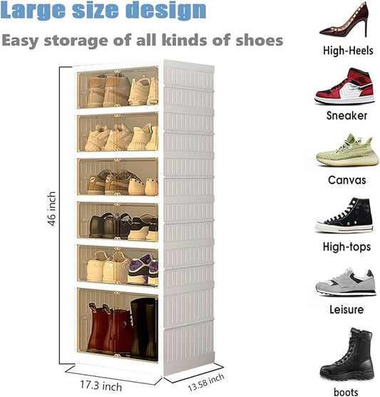 Foldable Storage Box - Clear Stackable Shoe Organizer with Lids - Large 6 Layer Shoe Rack Cabinet