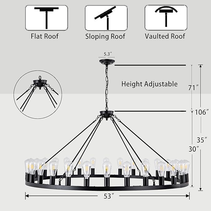 Wagon Wheel Chandelier Farmhouse 53" 30-Light Large Black Farmhouse Round Wheel Chandelier Light fixtures Outdoor Wagon Wheel Chandeliers for Porch high Ceilings Dining Room Living Room