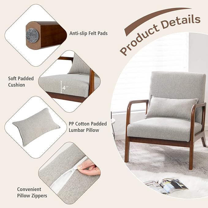 Giantex Modern Accent Chair with Pillow - Comfy Upholstered Lounge Armchair with Anti-Slip Felt Pads, Wooden Frame Soft Padded Arm Chairs for Living Room, Bedroom, Study, Grey