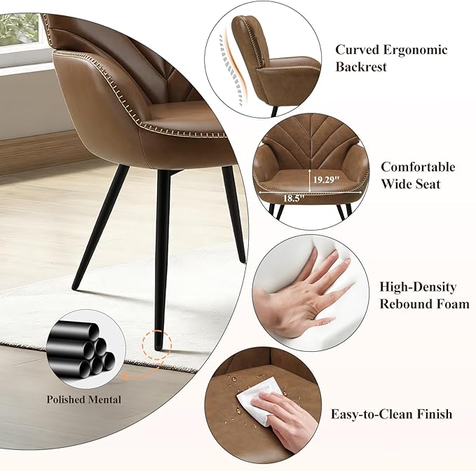 Mid-Century Modern Faux Leather Accent Chair for Living Room, Upholstered Armchair with Curved Back, High-Density Cushion & Metal Legs, Lounge Chair for Bedroom/Reading Corner,Set of 2