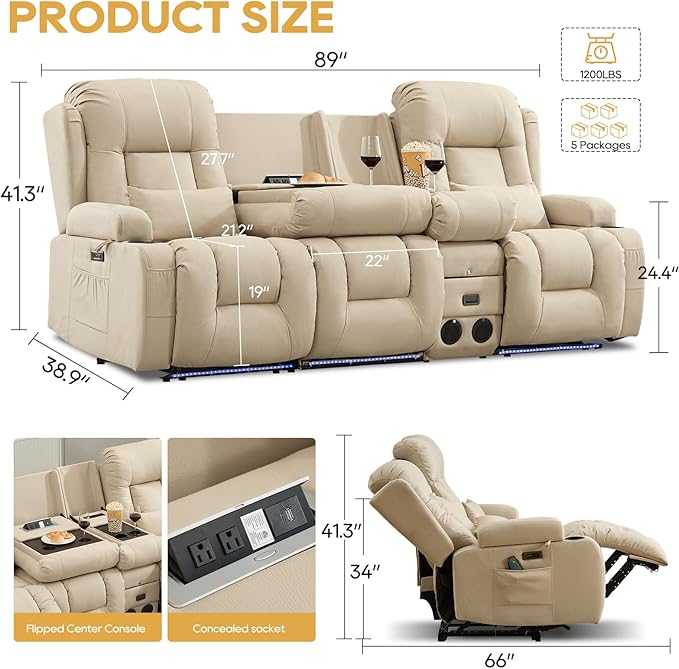 IPKIG Power Recliner Sofa with Flip-Up Backrest Console, USB & USB-C Ports, AC Outlet, LED Lights, Wall Hugger Recliners for Living Room, RV (Beige, 89" - 4 Seat) | Leathaire Fabric, Zero Gravity, Dual Reclining, 2 Lumabr Pillow, Bluetooth Speakers