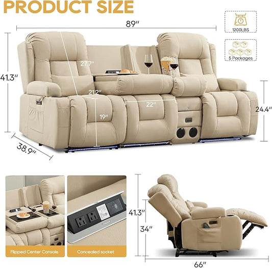 IPKIG Power Recliner Sofa with Flip-Up Backrest Console, USB & USB-C Ports, AC Outlet, LED Lights, Wall Hugger Recliners for Living Room, RV (Beige, 89" - 4 Seat) | Leathaire Fabric, Zero Gravity, Dual Reclining, 2 Lumabr Pillow, Bluetooth Speakers
