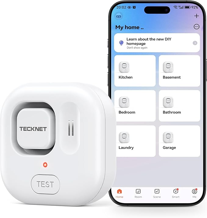 TECKNET WiFi Water Leak Detectors, Leak & Drip Alert with APP Push and Sound Alarm, Smart Water Sensor with 120dB Adjustable Alarm, for Kitchen Bathroom Basement (1 Pack, Battery Included)