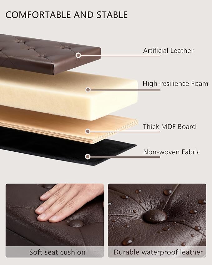 GLAXYFUR Storage Ottoman Bench, 43 Inches Folding Ottoman with 2 Dividers, PU Leather Foot Rest, End of Bed Bench, Storage Chest for Living Room, Bedroom and Entryway, Brown