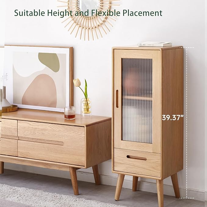 100% Solid Wood Living Room Cabinet, Narrow Storage Cabinet with Doors and Shelves, Kitchen Pantry Storage Cabinet for Kitchen, Home Office(12.6" D x 14.9" W x 39.3" H, Natural)