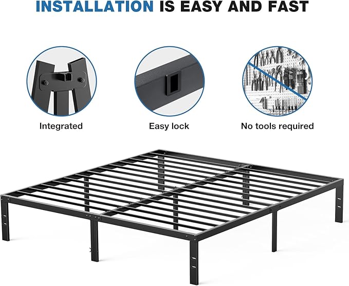 OLIXIS Metal Queen Bed Frame - 14in High with Storage Space, No Box Spring Needed with Sturdy Steel Slat Support, 2200LBS Heavy Duty for Easy Assembly, Black for Bedroom