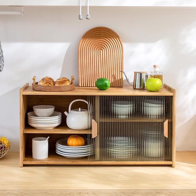 HollyHOME Small Bamboo Wall Mounted Kitchen Pantry Sideboard with 2 Doors and Adjustable Shelves, Coffee Wine Bar Storage Cabinet for Liquor and Glasses, Dining Cupboard for Bottle, Dish, Burlywood