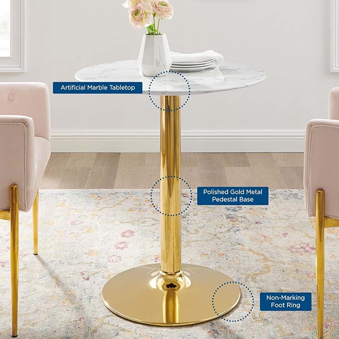 Modway Verne Round Artificial Marble 28" Dining Table in Gold White