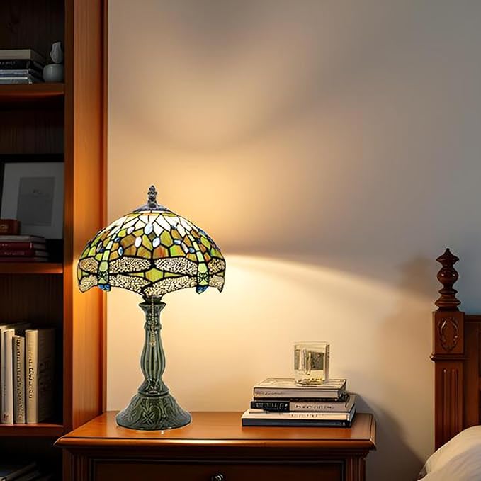 Tiffany Lamp Stained Glass Table Lamps Amber White Dragonfly Style Desk Lamp 12X12X18.5 Inch Bronze Ceramic Base Reading Light Suitable for Bedside Bedroom Living Room Dining Room Office