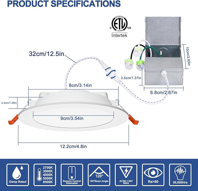 Smart Recessed Lighting 4 Inch Canless LED Recessed Ceiling Light with Junction Box work with Alexa, 2700K~6000K 5CCT Selectable,12W 1000LM High Brightness Wafer Downlight Dimming by Bluetooth-6Pack
