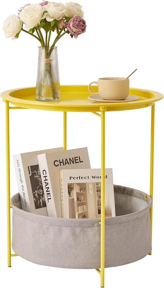 VECELO Round Side/End Table with Fabric Storage Basket，Metal Anti-Rust and Waterproof Small Bedside Nightstand with Removable Tray Top for Living Room，Balcony & Laundry，Yellow /1pcs with Basket