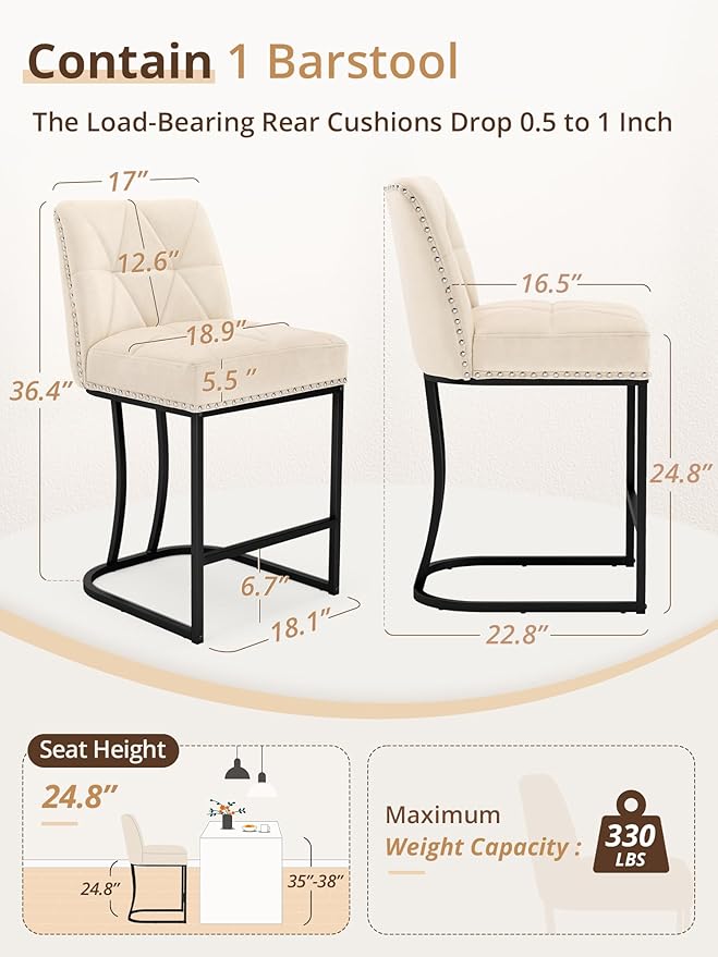 LUE BONA 24" Bar Stools Set, Counter Height Bar Stools with 5.5" Thick Cushion, Upholstered Leather Barstools with Metal Frames for Kitchen Island, Dining Room, Apricot Grey