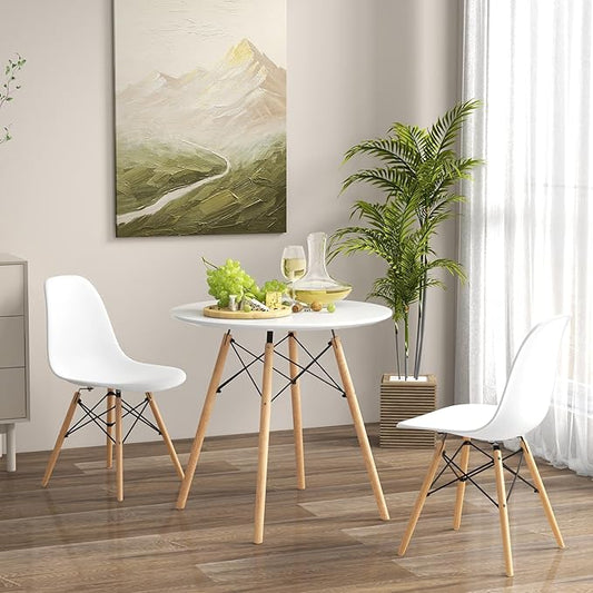 Giantex 3-Piece Dining Table Set, Modern Round 31.5" D Dining Table & 2 DSW Chairs W/Solid Wood Legs, Home Furniture Set for Small Spaces Dining Room Kitchen Restaurant, White