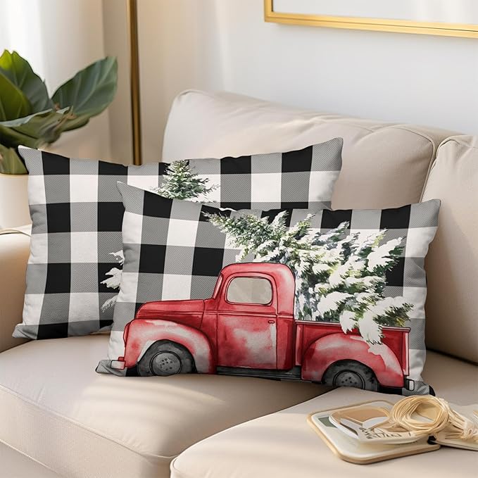 Christmas Lumbar Pillow Covers 12x20 Set of 2 Black and White Buffalo Plaid Red Truck Christmas Tree Decorative Throw Pillow Covers Xmas Winter Holiday Pillow Case for Outdoor Couch Patio