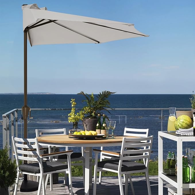 JEAREY 9ft Half Umbrella Outdoor Patio Umbrella Market Umbrellas with Crank, 1/2 Round Wall Umbrella 5 Sturdy Ribs UV Protection for Pool Garden Balcony Deck, Foggy Gray