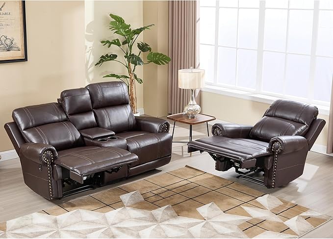 EBELLO Faux Leather Electric Reclining Sofa Set, Power Recliner Three Seats Sofa Set, a Chair and a Loveseat Sofa with USB and Type-C Charging Ports, Vintage Rivet Design for Small Living Room, Brown