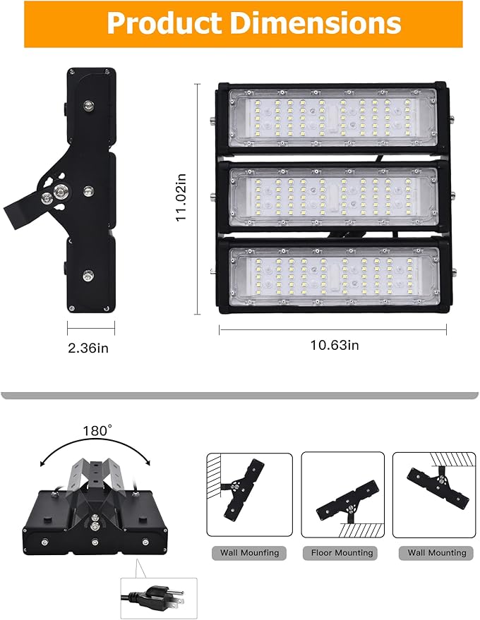 WERISE 150W Flood Lights Outdoor, IP66 Waterproof 30000LM 200LM/W Super Bright LED Stadium Light with Plug, 6000K Daylight White 100-277V Security Floodlight Lighting for Yard Parking Lot