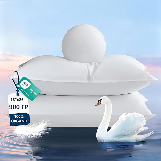 Goose Feather Pillows Standard Size Set of 2, Ultra Soft 700 TC Organic Cotton Shell, 900 FP Down Pillow for Sleep, Luxury Hotel Collection Bed Pillows 2 Pack for Side Back Stomach Sleepers, 18"x26"
