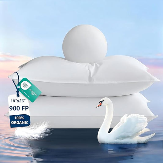 Goose Feather Pillows Standard Size Set of 2, Ultra Soft 700 TC Organic Cotton Shell, 900 FP Down Pillow for Sleep, Luxury Hotel Collection Bed Pillows 2 Pack for Side Back Stomach Sleepers, 18"x26"