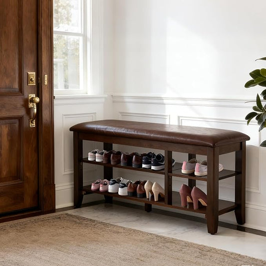 PY HOME & SPORTS Shoe Rack for Entryway 47": 2-Tier Shoe Storage Bench, Adjustable/Removable Shelves, Rubberwood Shoe Benches for Hallway, Porch, Bathroom, Brown