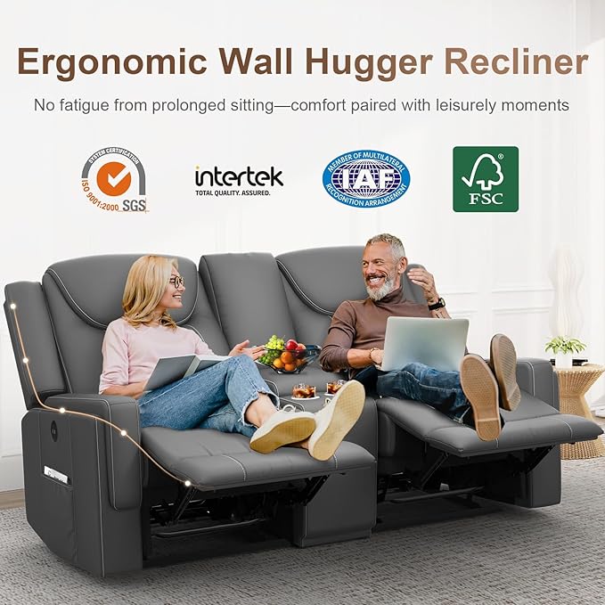 Dresegmt Loveseat Recliner Sofa, Gray PU Leather Double Recliner Loveseat with Console, Cup Holders, Storage & USB Ports, Ergonomics， Manual Reclining Sofa Couch for Living Room, RV