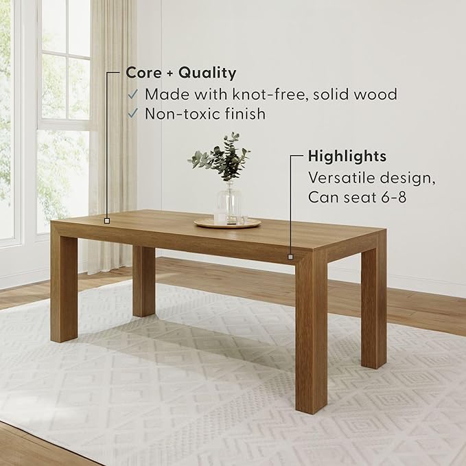 Plank+Beam 72 Inch Modern Solid Wood Dining Table - Solid Pine, Wirebrush Finish, Seats 6, Non-Toxic Finish, Easy Assembly, for Kitchen or Office, Pecan Wirebrush