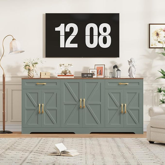 71” Large Sideboard Buffet Cabinet with Storage, Farmhouse Kitchen Buffet Cabinet with Adjustable Shelves and 6 Barn Doors, Wood Coffee Wine Bar Console Table for Kitchen, Dining Room, Green