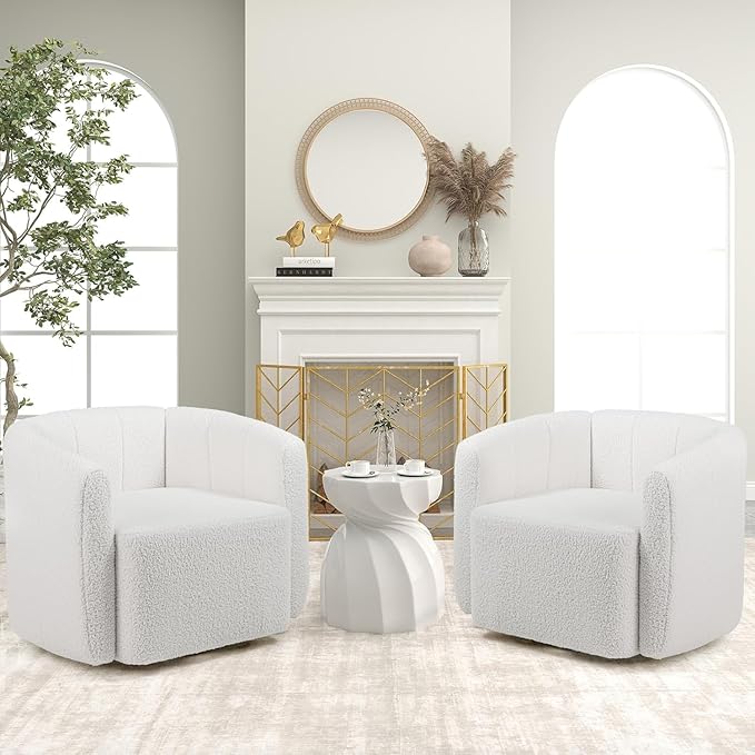 KOMFOTT Swivel Barrel Chair, Sherpa Fabric Accent Chair with Curved Backrest & Armrests, Upholstered Armchair with Wide Seat, Pumpkin Shaped Single Sofa Chair for Living Room, Bedroom, White