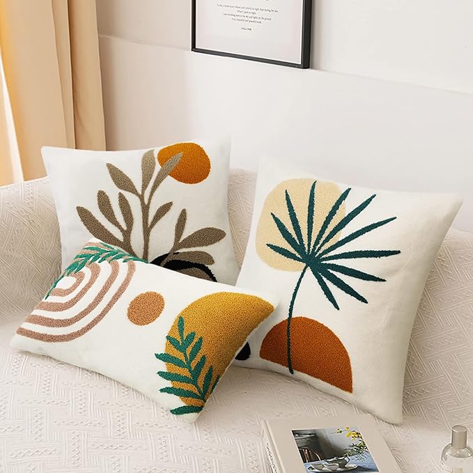 Merrycolor Boho Decorative Throw Pillow Covers 16x16 Boho Pillow Covers Tufted Mid Century Modern Throw Pillows Abstract Leaf Pillow Cover Aesthetic Boho Pillows for Couch Bed Sofa Living Room 1PC