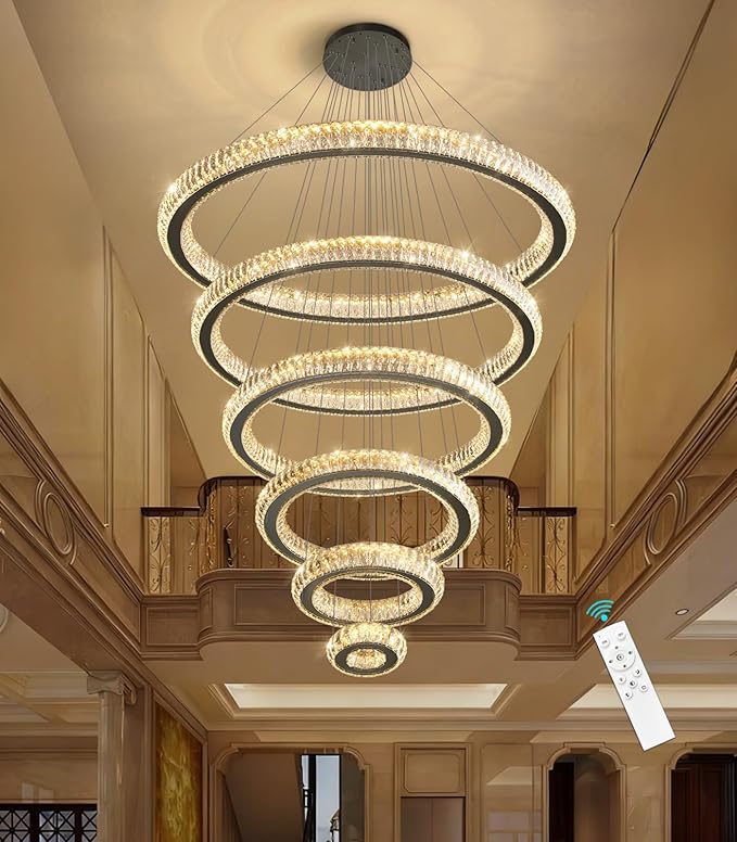 Modern Chandelier 8"+16"+24"+32"+40"+47" 6 Rings Crystal LED Dimmable Lighting Foyer Entryway High Ceiling Living Room Chanderliers Pendant Lights Fixtures Black Light