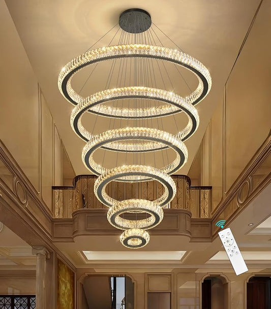 Modern Chandelier 8"+16"+24"+32"+40"+47" 6 Rings Crystal LED Dimmable Lighting Foyer Entryway High Ceiling Living Room Chanderliers Pendant Lights Fixtures Black Light