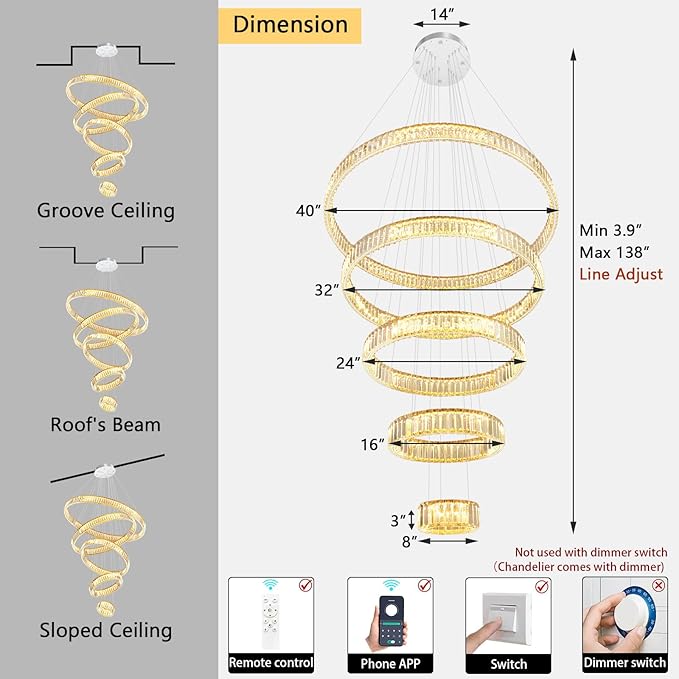 Large Ring Crystal Chandelier Modern Dimmable Chandelier High Ceiling Chandelier Round LED Ceiling Light Fixture for Foyer Long Stair Big Chandelier Silver 8''+16''+24''+32''+40''