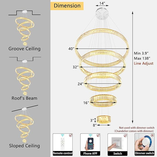 Large Ring Crystal Chandelier Modern Dimmable Chandelier High Ceiling Chandelier Round LED Ceiling Light Fixture for Foyer Long Stair Big Chandelier Silver 8''+16''+24''+32''+40''