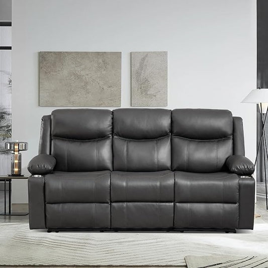 Manual Reclining 3-Seater Sofa with Heat & Massage, PU Leather Recliner Couch for Living Room, Faux Leather Upholstery, Deep Cushions & Sturdy Frame (Grey)