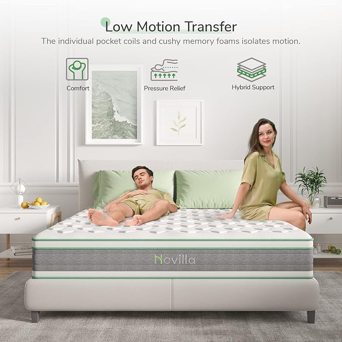 Novilla King Size Mattress, 10 Inch Hybrid Mattress in a Box, Individually Wrapped Pocket Coils Innerspring Mattresses for Motion Isolation, Supportive with Medium Firm Feel, Groove