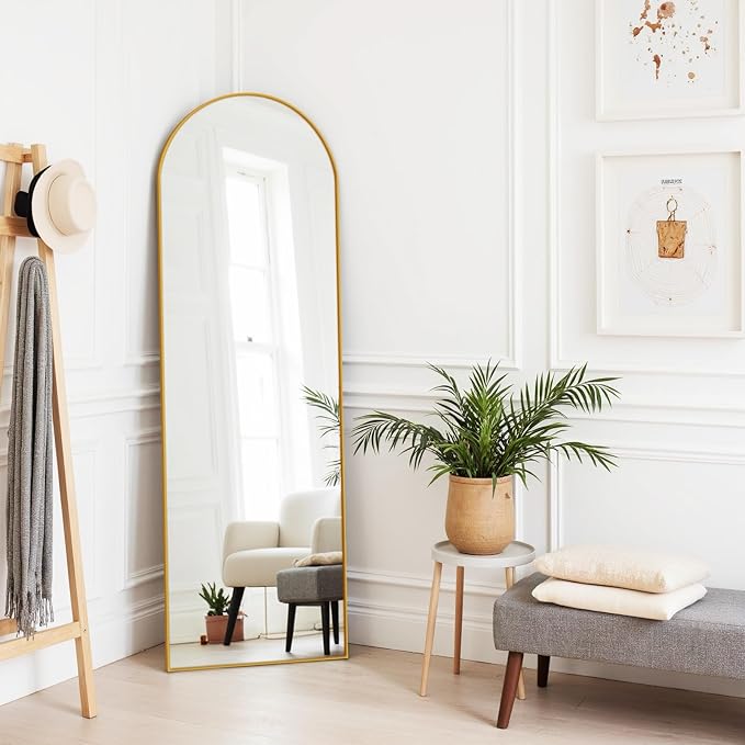 Mirror Full Length 59"x16" Arched Floor Mirror with Stand, Aluminum Alloy Frame & Shatterproof Glass Full Body Mirror, Freestanding Hanging or Leaning Wall Mirrors for Bedroom Closet Living Room