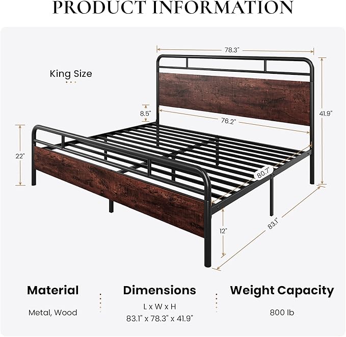 SHA CERLIN King Size Bed Frame with Wooden Headboard and Footboard, Rounded Corner Metal Structure, Heavy Duty Slats with Under-Bed Storage, No Box Spring Needed, Mahogany
