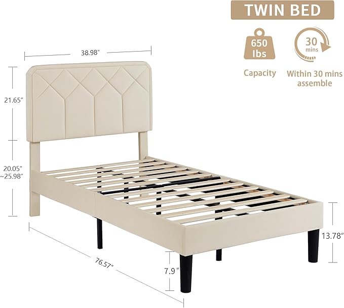 VECELO Twin Size Bed Frame Premium Velvet Upholstered Platform with Height Adjustable Headboard/Mattress Foundation, Solid Wooden Slat Support, No Box Spring Needed/Easy Assembly