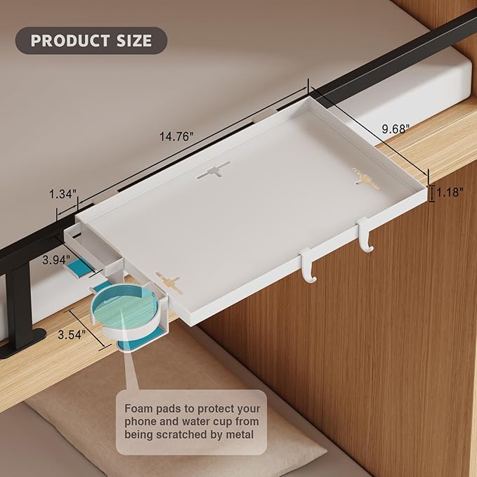 Bedside Shelf Foldable, Metal Clip-On Bed Shelf for Top Bunk Heavy Duty Bed Side Table Tray for College Dorm Essentials, Loft Nightstand Organizer Tray with Removable Cup & Phone Holder(White)