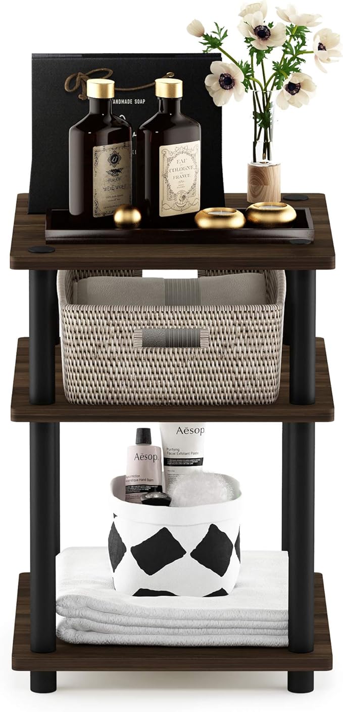 Furinno TURN-N-TUBE Side Table, 3-Tier Square Modern End Table, Open Shelves Nightstand, Night Stand, Bedside Table, Easy Assembly, for Living Room, Bedroom, Columbia Walnut