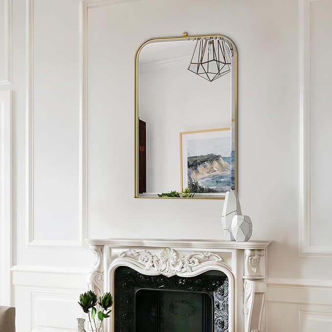 POZINO Brushed Gold Beveled Mirror, 20"x30" Vanity Wall Mirror for Over Sink, Stainless Steel Frame Mirrors with for Bathroom Bedroom Living Room Entryway Hallway Fireplace
