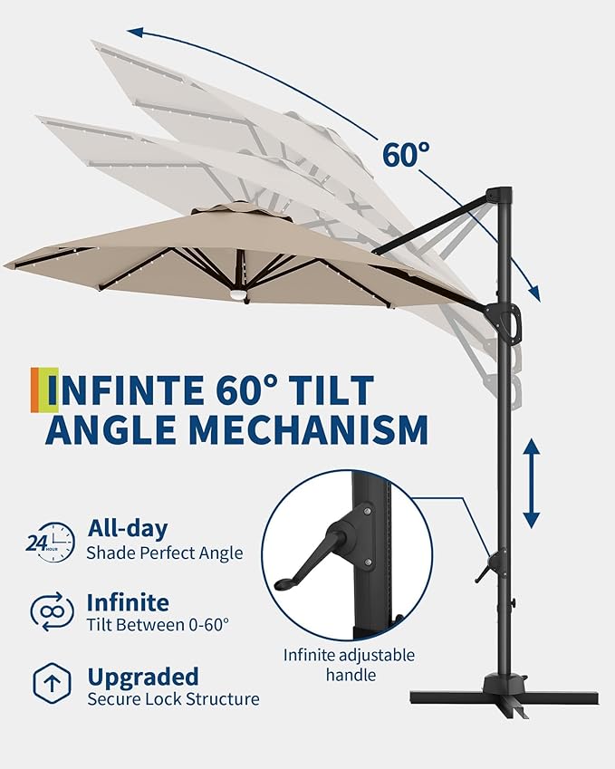 GarveeLife 10FT Patio Umbrella Outdoor Solar LED Large Cantilever Umbrella Market Sun Shade Windproof Offset Umbrella with 360-Degree Rotation for Garden Deck Pool Patio, Tan