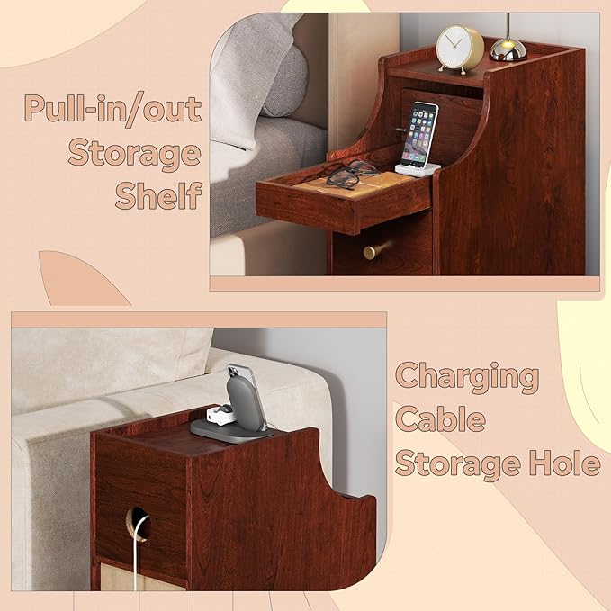 WLIVE Small Nightstand with Drawers, Narrow Bedside Tables with Open Shelf & Cable Hole, Narrow Nightstand for Bedroom, Modern Storage Cabinet for Small Spaces/Living Room, Cherry
