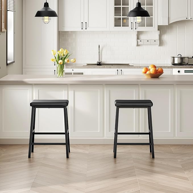 HOOBRO Bar Stools, Set of 2 Bar Chairs, Counter Height Bar Stools, 24 Inch Barstools for Kitchen Counter, PU Upholstered Kitchen Stools, for Kitchen, Bar, Dining Room, Black BB01MD01