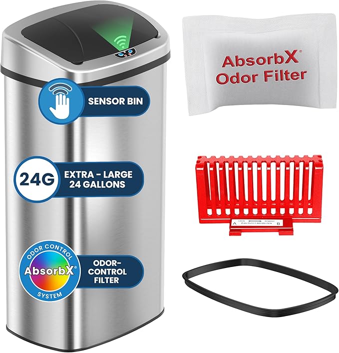 iTouchless 91 Liter / 24 Gallon Sensor 2.0 Kitchen Trash Can with Lid, Commercial Grade Automatic Stainless Steel Touchless Recycle Bin, AbsorbX Odor Filter, for Home, Office, Restaurant, Lobby, Store