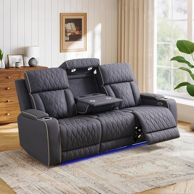 Matte Leather Power Recliner Sofa Set with LED, Living Room Furniture Set,Sanded Leather Sofa Set with USB Port/Storage Console/Cup Holder for Living Room Home Office (Blueish Grey)
